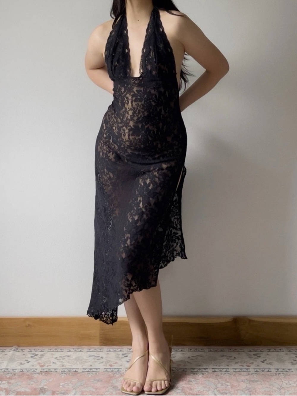 Black Lace Halter Midi Dress